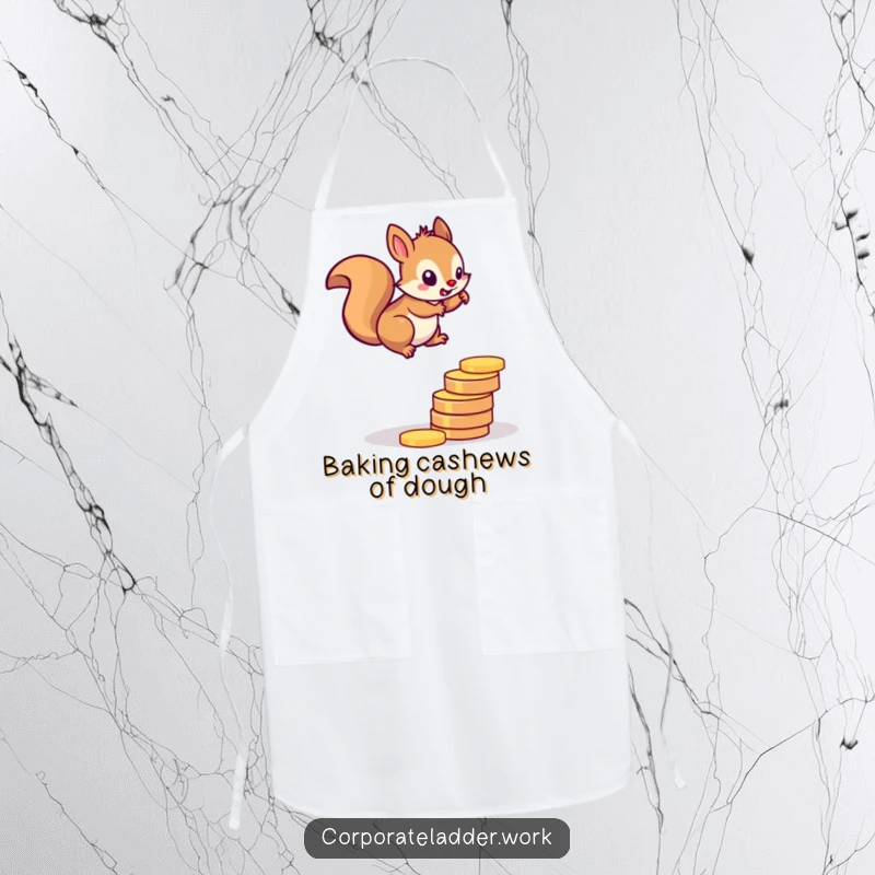 Funny squirrel apron, a determined squirrel climbing a ladder of coins, inspiring financial success in the kitchen.