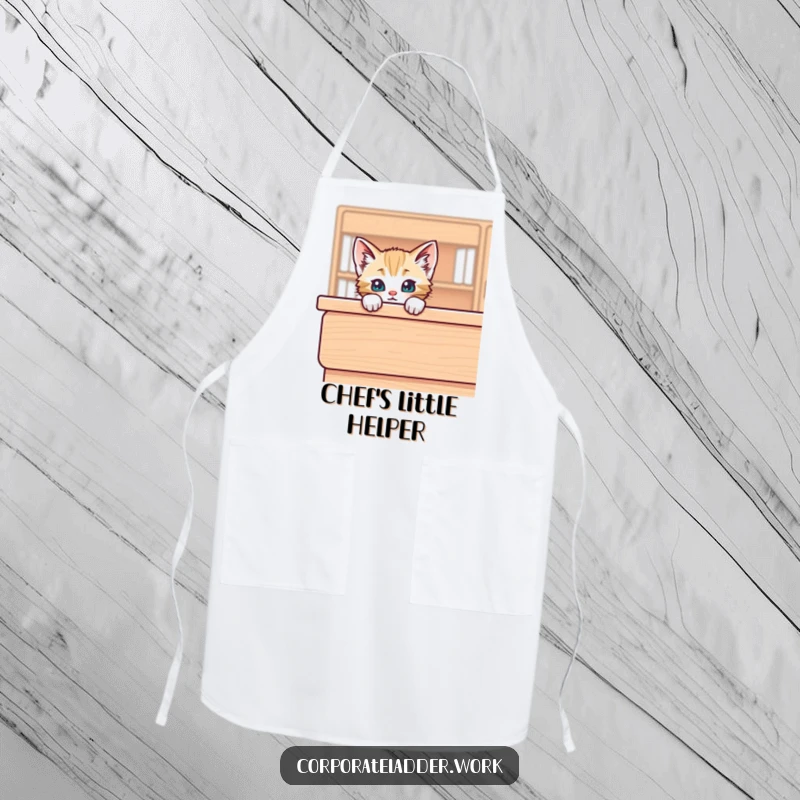 Funny kitten peeking over the edge of a large desk, featured on a kitchen apron, adding playful humor to cooking.