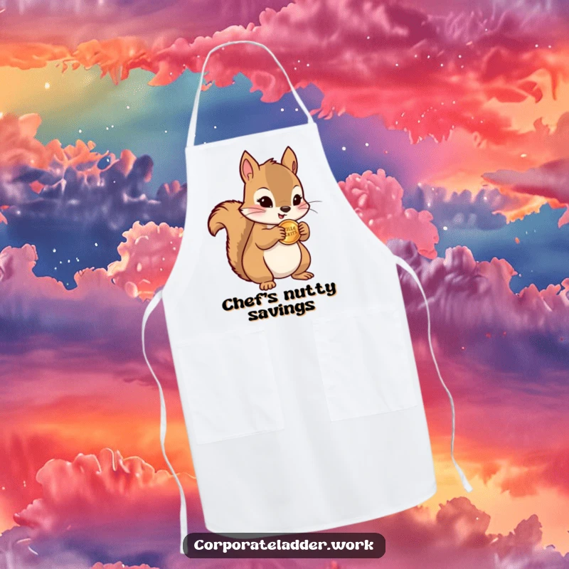 Funny squirrel clutching a miniature stack of coins, featured on a kitchen apron, bringing humor and protection to the cook.