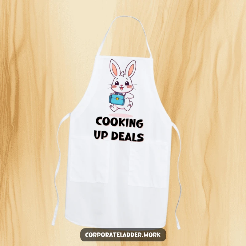 Funny bunny with a tiny briefcase, hopping energetically upwards, designed on a kitchen apron for a humorous and motivational cooking experience.