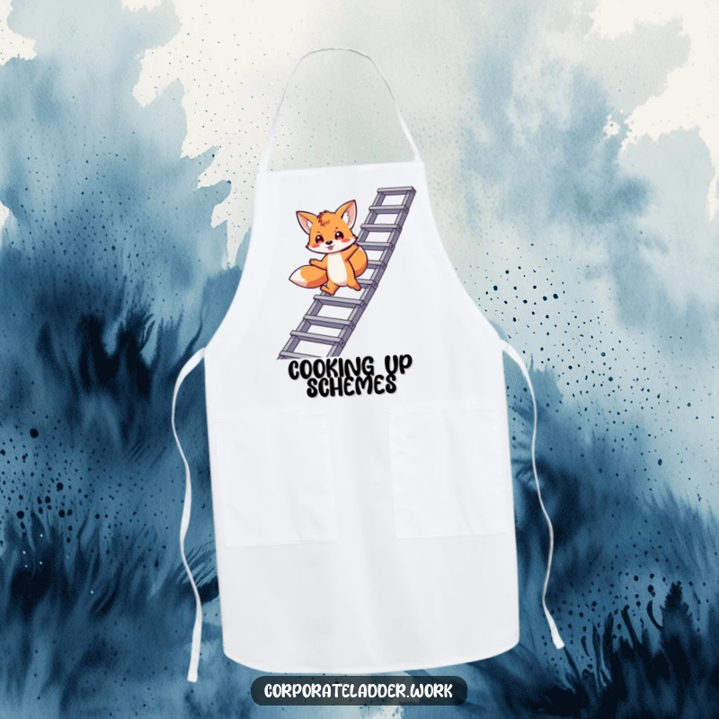 Funny fox apron, a playful fox leaping between corporate ladder levels, inspiring strategic cooking.