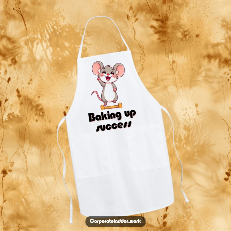 Funny mouse apron, a cheerful mouse reaching for a higher ladder rung, inspiring joyful cooking.