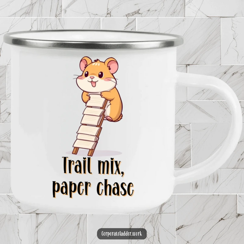 Funny hamster camping mug, a diligent hamster climbing a ladder of report papers, symbolizing outdoor effort.