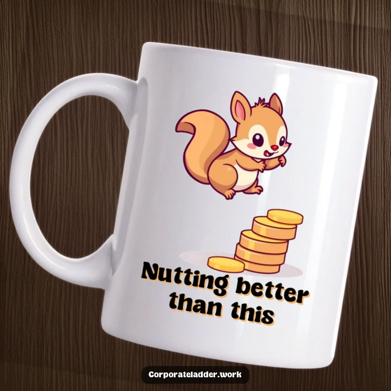 Funny squirrel mug, determinedly climbing a ladder made of gold coins, symbolizing financial growth and ambition.