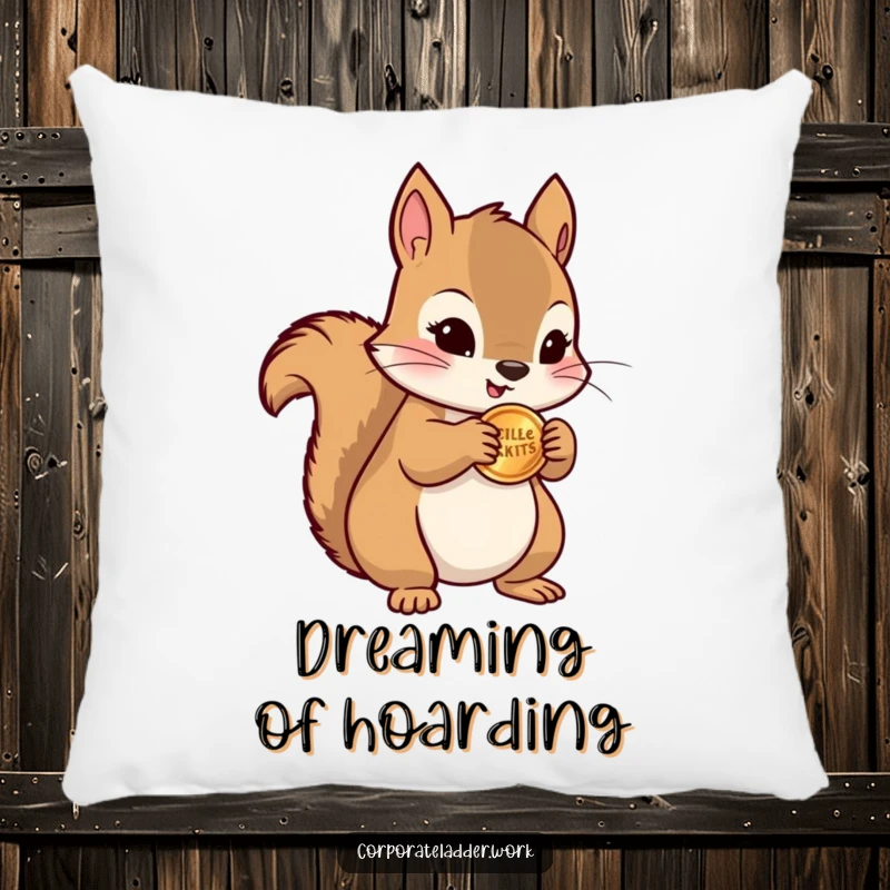 Funny squirrel clutching a tiny stack of coins, depicted on a decorative pillow, offering comfort and a humorous touch.