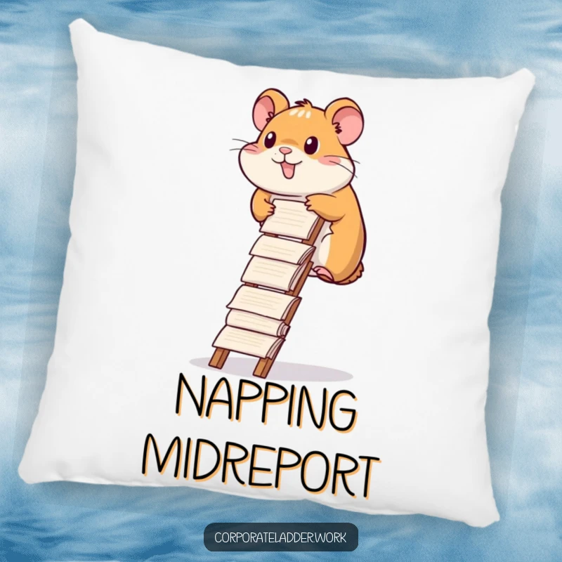 Funny hamster pillow, a diligent hamster climbing a ladder made of report papers, symbolizing comfort and effort.