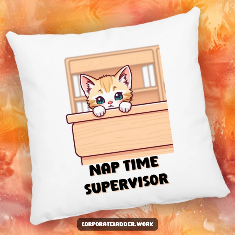 Funny kitten peeking over the edge of a large desk, depicted on a decorative pillow, bringing cozy humor.