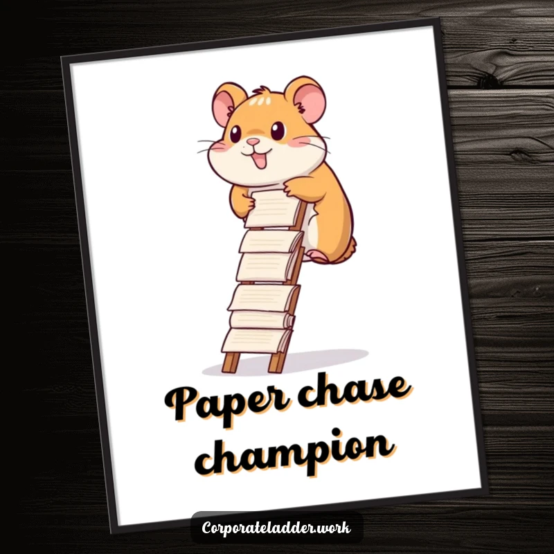 Funny hamster digital art print, a diligent hamster climbing a ladder made of report papers, symbolizing effort.