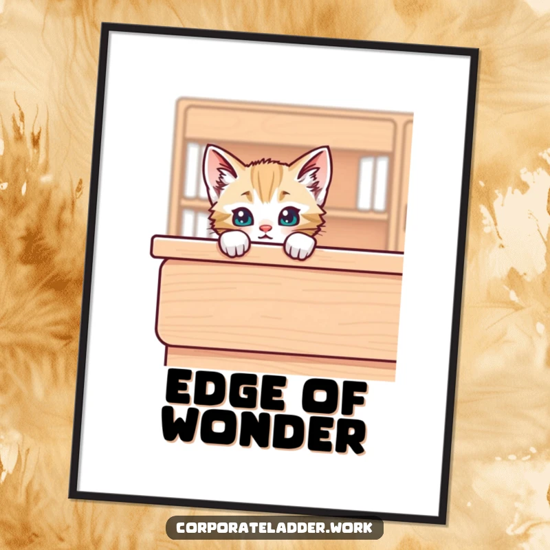 Funny kitten peeking over the edge of a large desk, as a digital art print, symbolizing curiosity and playful charm.