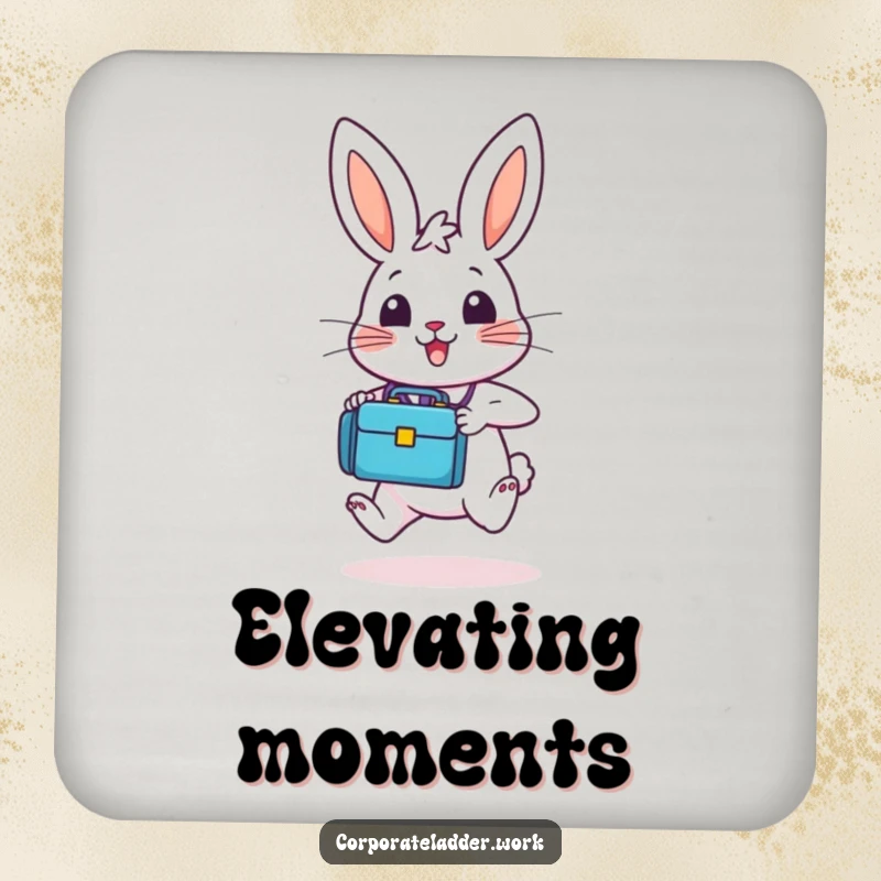 Funny bunny with a tiny briefcase, joyfully hopping upwards, designed onto a drink coaster for a touch of playful decor.