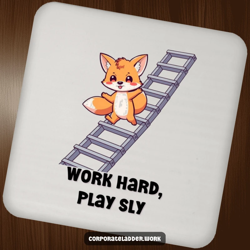 Funny fox coaster, a playful fox leaping between corporate ladder levels, adding wit to tabletops.