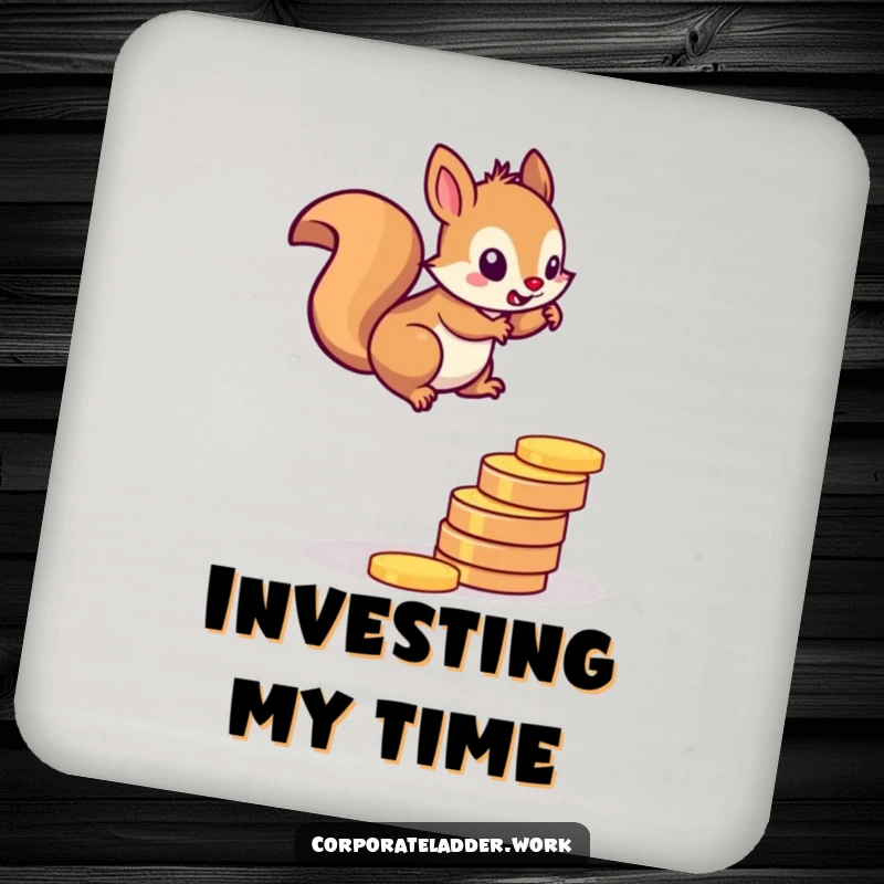 Funny squirrel coaster, a determined squirrel climbing a ladder made of coins, adding humor to tabletops.