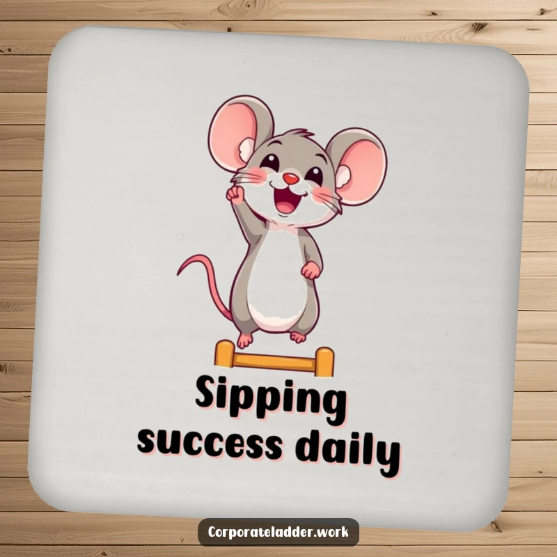 Funny mouse coaster, a cheerful mouse reaching for a ladder rung, bringing joy to tabletops.