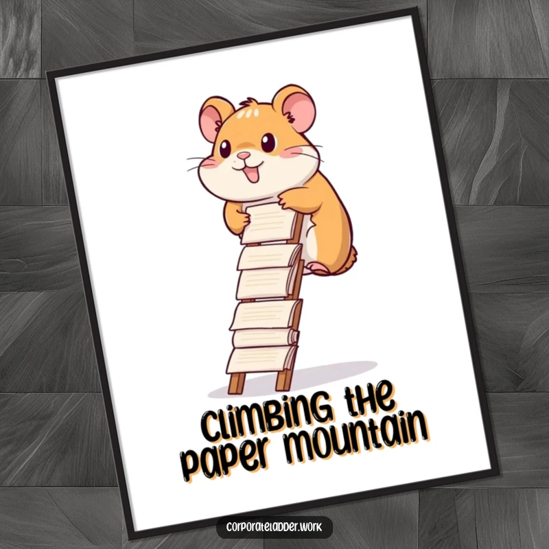 Funny hamster poster, a diligent hamster climbing a ladder made of report papers, symbolizing dedicated effort.