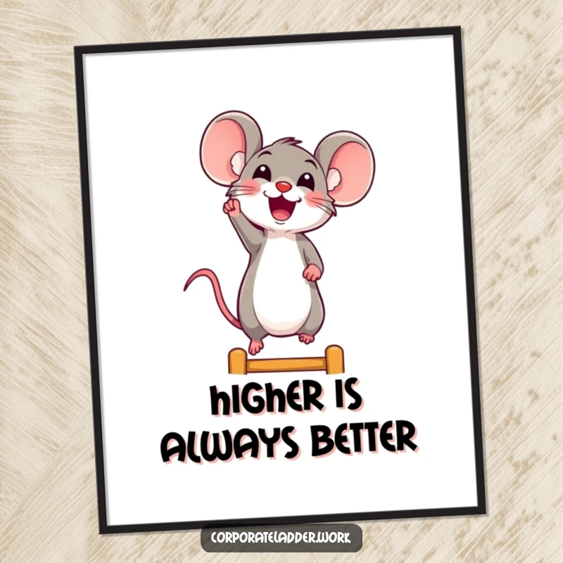 Funny mouse poster, a cheerful mouse enthusiastically reaching for a higher ladder rung, radiating pure joy.