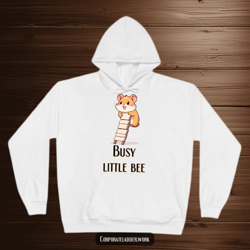 Funny hamster hoodie, a diligent hamster climbing a ladder made entirely of report papers, embodying focus.