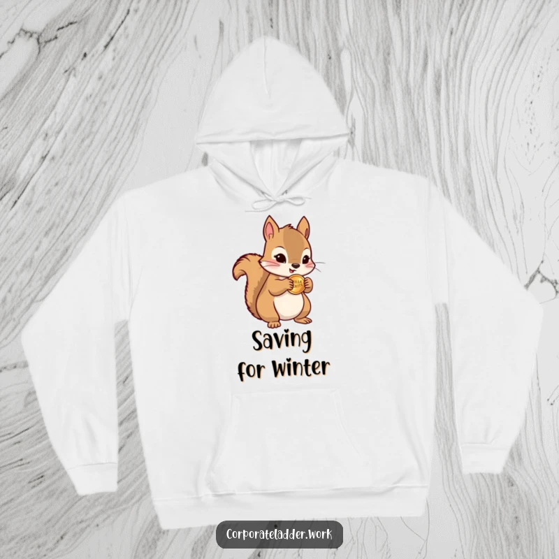 Funny squirrel clutching a miniature stack of coins, nestled in a cozy hoodie, embodying wealth and humor.