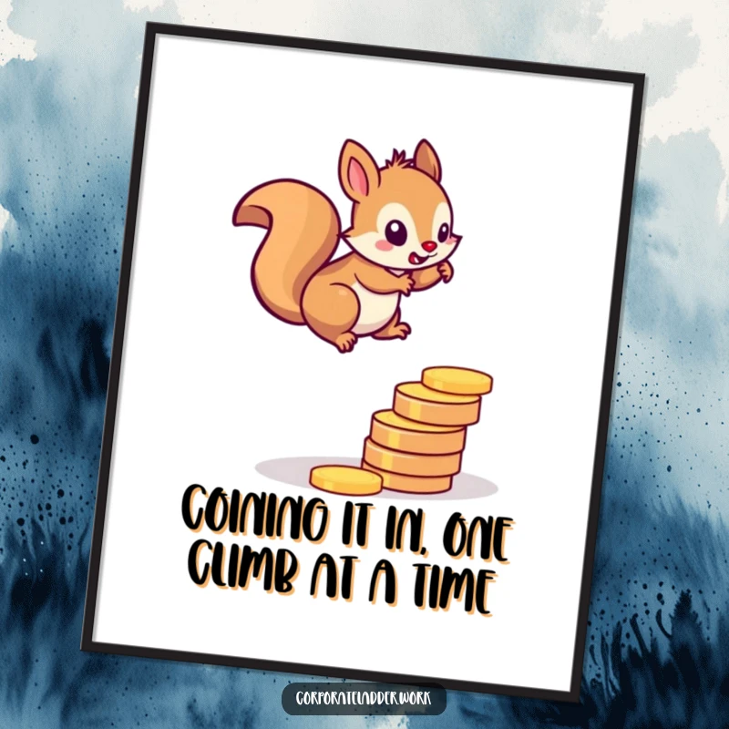 Funny Free Printable Wall Art: Ambitious squirrel scaling a ladder made of stacked coins, symbolizing financial growth and achievement.