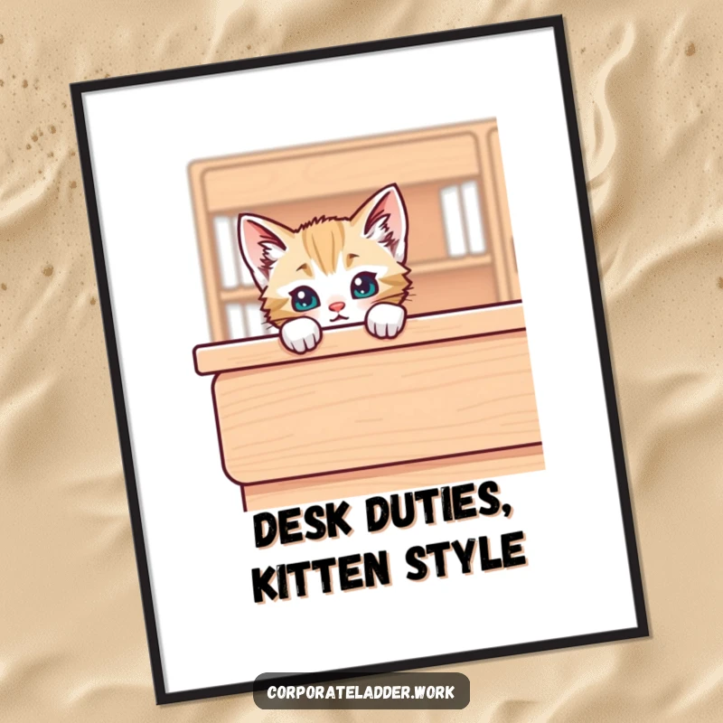 Funny Free Printable Wall Art: A playful kitten peeks over the edge of a large desk.