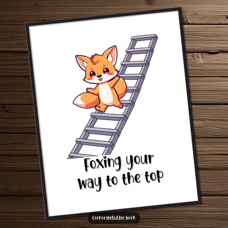 Funny Free Printable Wall Art: Playful fox character artfully leaping across a corporate ladder, representing ambition and success.
