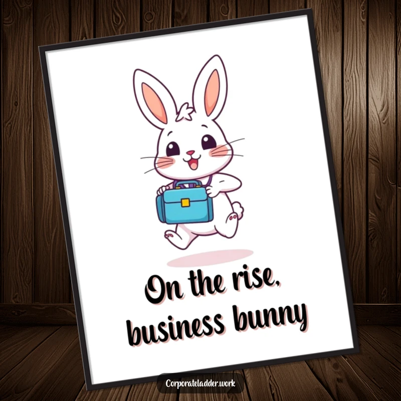 Funny Free Printable Wall Art: A cheerful bunny with a tiny briefcase enthusiastically hops upwards.