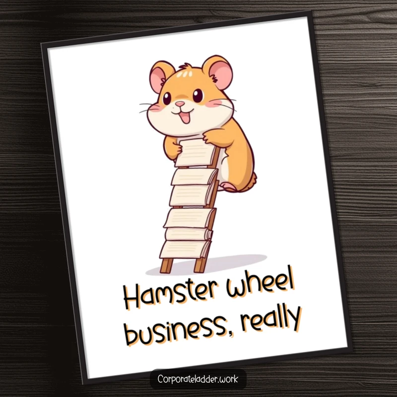 Funny Free Printable Wall Art: Diligent hamster steadily climbing a ladder made of reports, symbolizing effort and ambition.