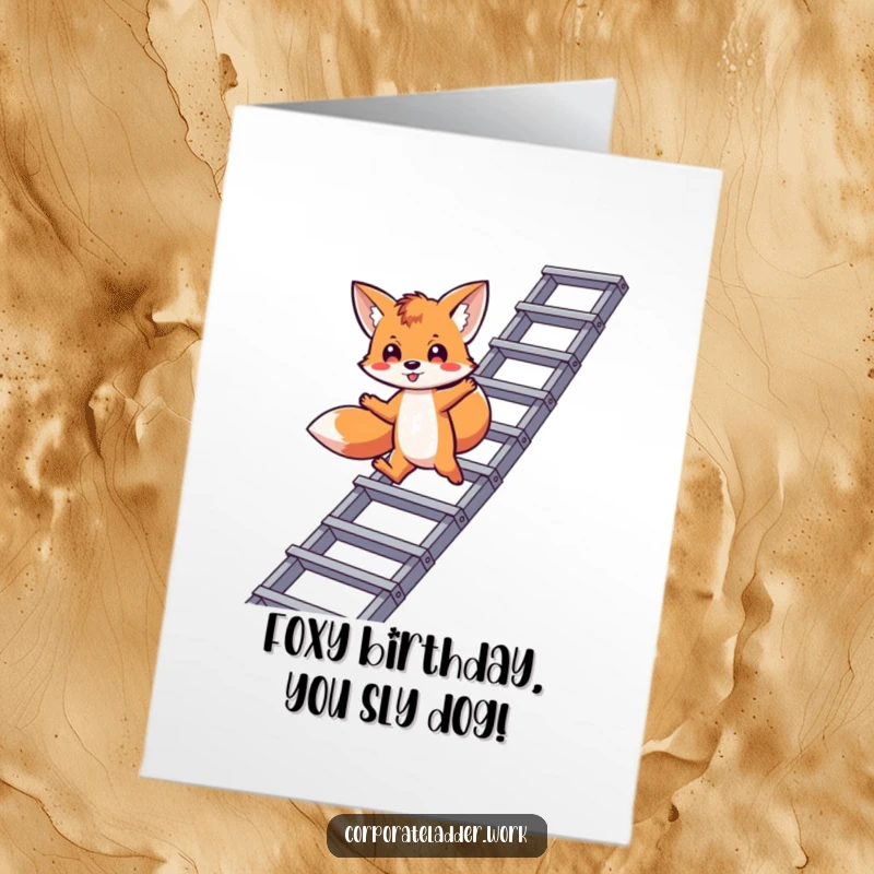 Funny Free Printable Birthday Card: Playful fox leaping between levels on a stylized corporate ladder, celebrating career milestones.