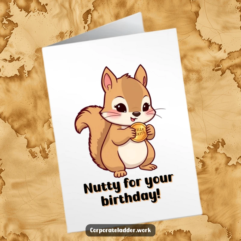 Funny Free Printable Birthday Card: A cute squirrel clutches a miniature stack of coins, looking pleased.