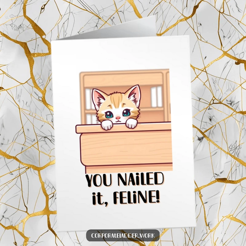 Funny Free Printable Congratulations Card: A cute kitten peeks over a desk, celebrating your success.