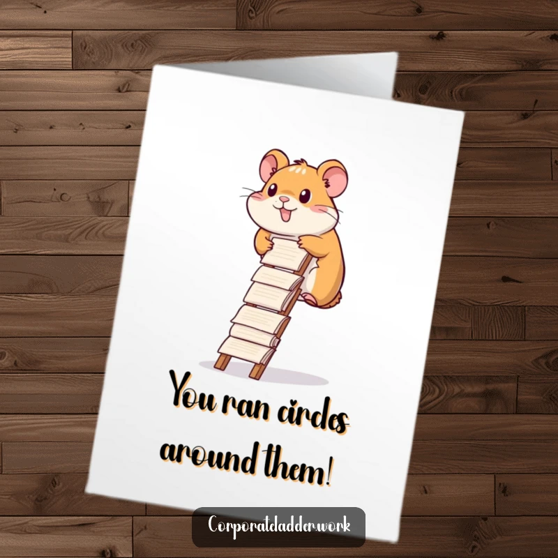 Funny Free Printable Congrats Card: Diligent hamster ascending a ladder made of reports, signifying career progress.