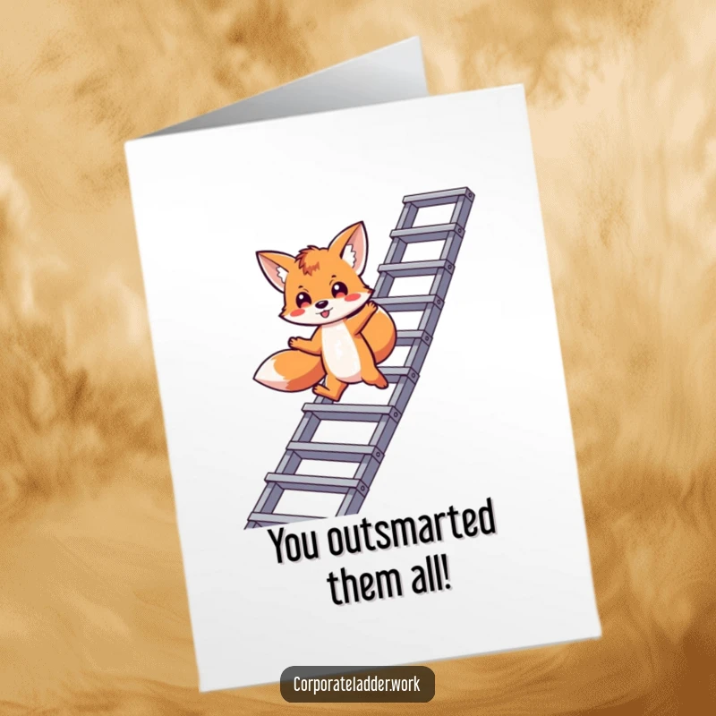 Funny Free Printable Congrats Card: Sly fox character leaping between ledges of a corporate ladder, signifying promotion.