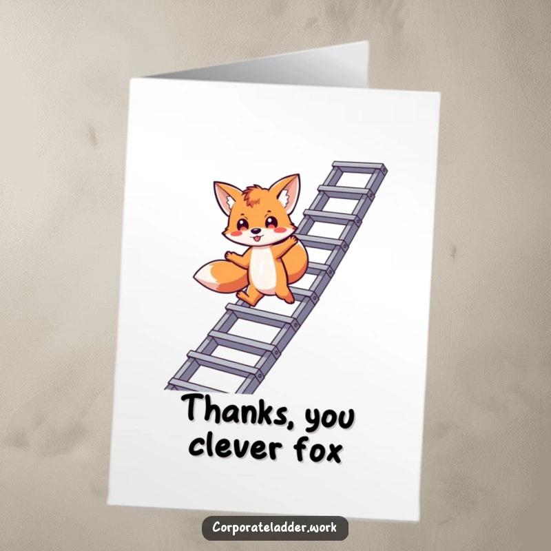 Funny Free Printable Thank You Card: Playful fox jumping between levels of a corporate ladder, thanking someone for support.