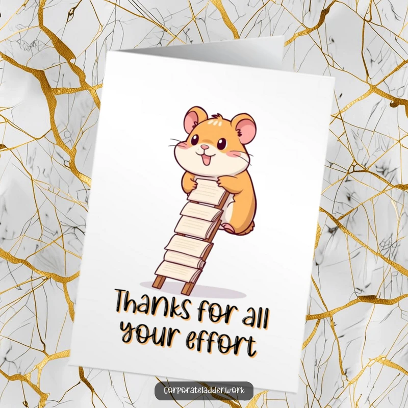 Funny Free Printable Thank You Card: Hamster diligently climbing a ladder of reports, expressing thanks for hard work.