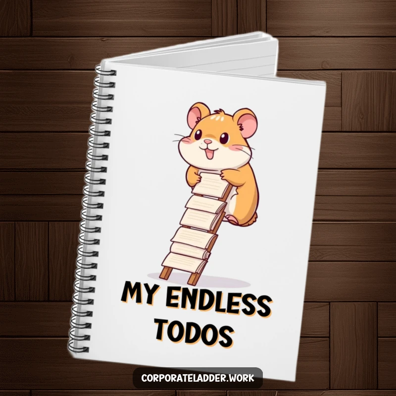 Funny hamster notebook, a diligent hamster climbing a ladder made of report papers, perfect for jotting notes.