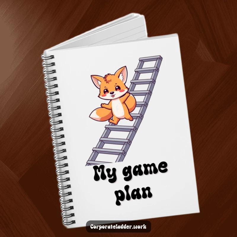 Funny fox notebook, a playful fox leaping between corporate ladder levels, perfect for jotting down career plans.