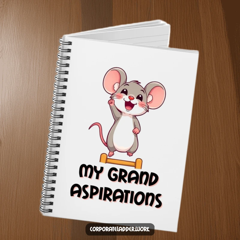 Funny mouse notebook, a cheerful mouse reaching for a ladder rung, perfect for jotting down creative ideas.
