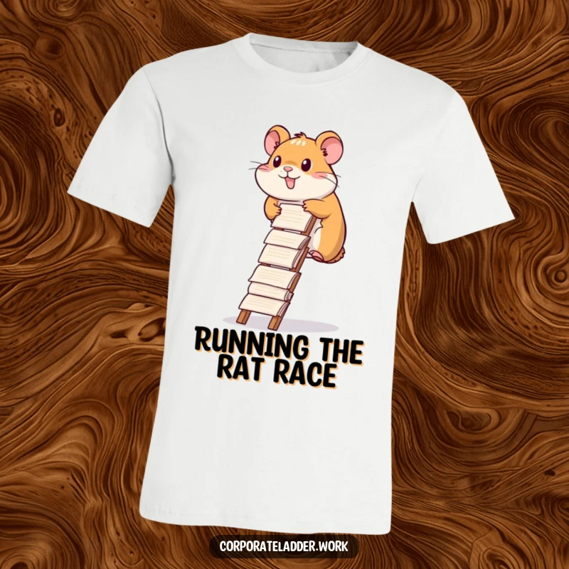 Funny hamster t-shirt, a diligent hamster climbing a ladder constructed from stacks of report papers, signifying effort.