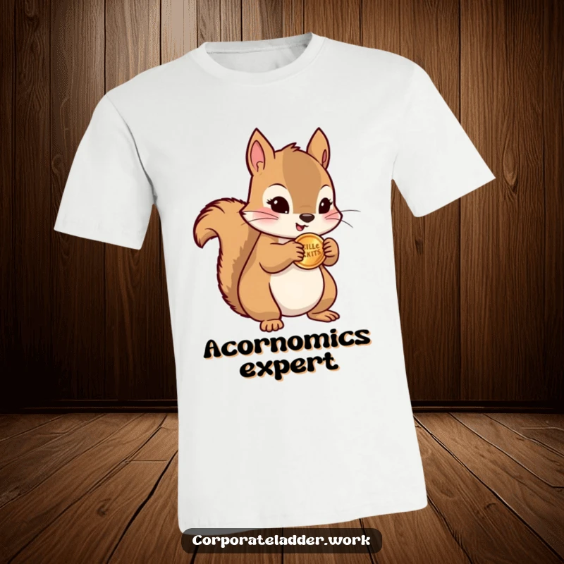 Funny squirrel clutching a tiny stack of coins, looking proud, printed on a t-shirt, representing humor and financial savvy.