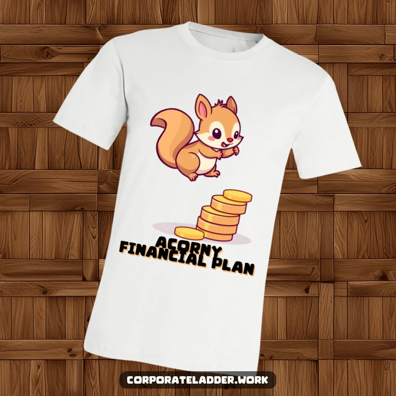 Funny squirrel t-shirt, determinedly scaling a ladder constructed from shiny gold coins, embodying financial ambition.