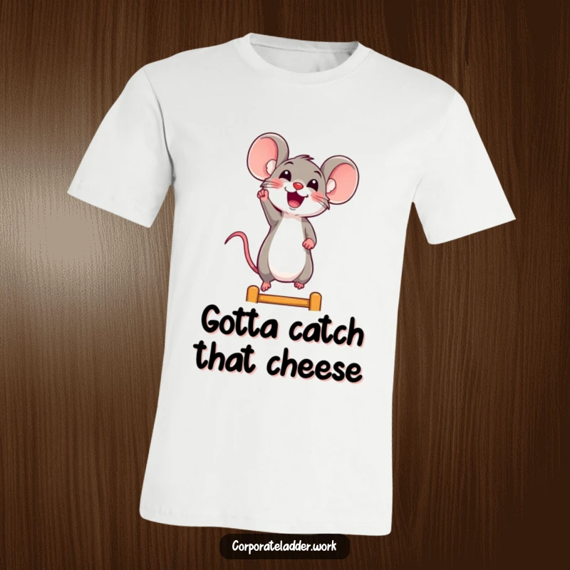 Funny mouse t-shirt, a cheerful mouse stretching eagerly for the next rung on a ladder, exuding happiness.