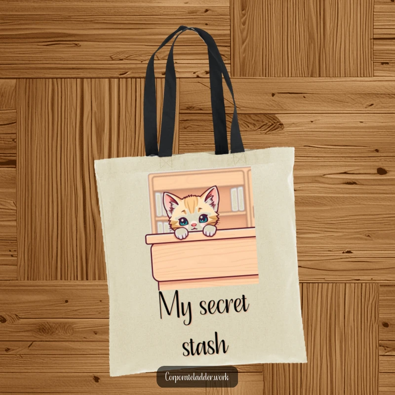 Funny kitten peeking over the edge of a large desk, designed on a tote bag, showcasing playful curiosity.