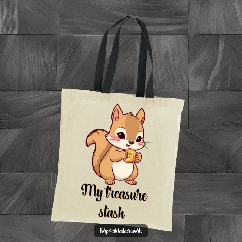 Funny squirrel clutching a miniature stack of coins, designed on a tote bag, symbolizing a humorous approach to collecting.